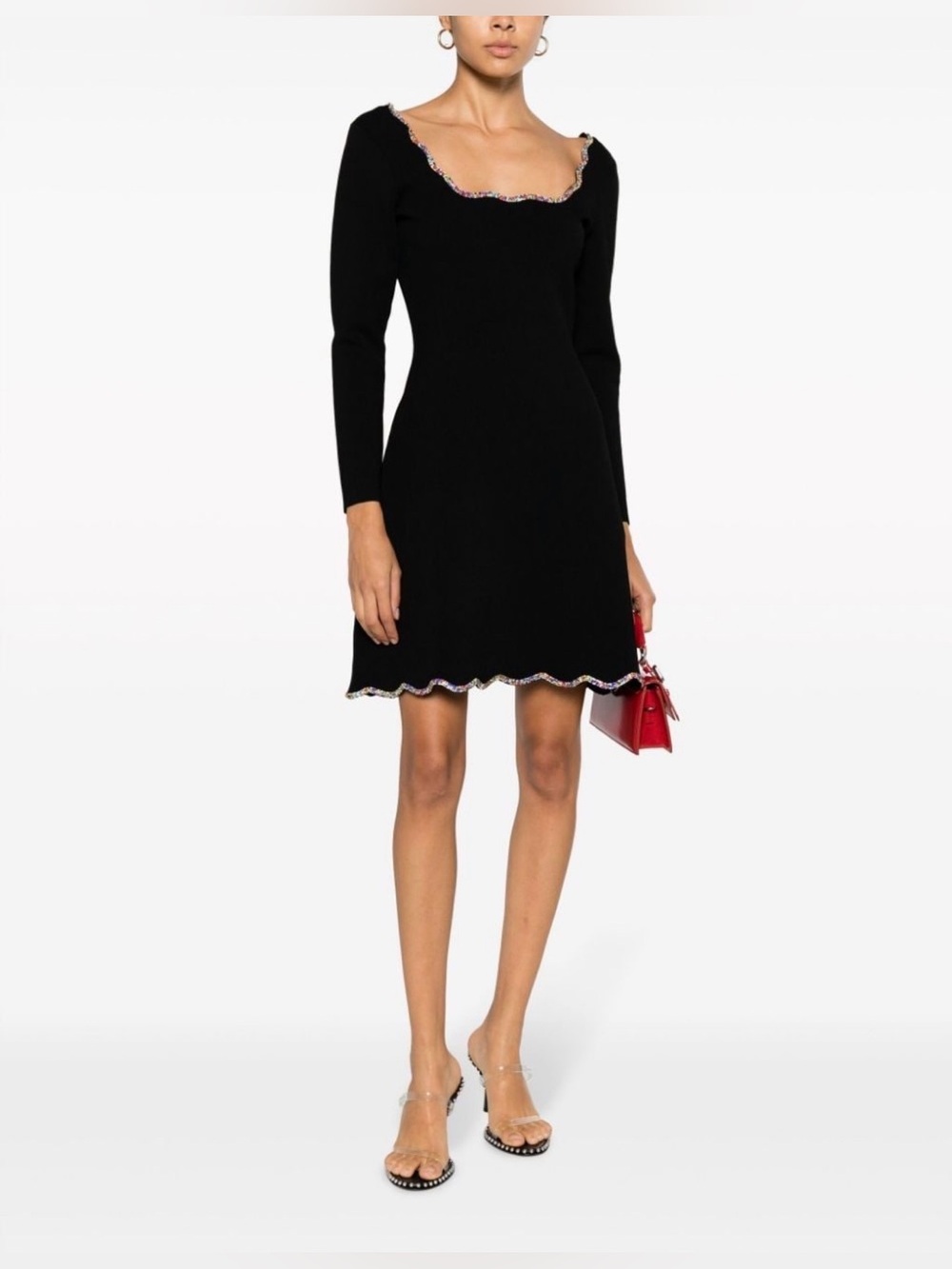 SANDRO Black Scoop Neck Rhinestone Embellished Mini Dress (NWT- NOTE THE FLAW)**